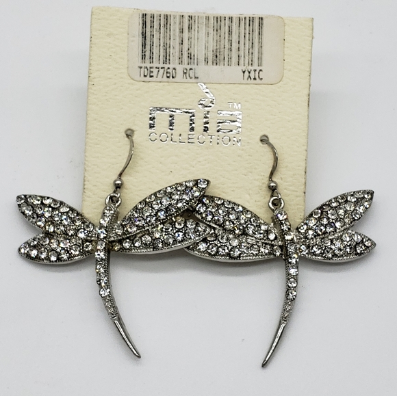 Jewelry - Silver Drop Dragonfly Earrings with Rhinestones